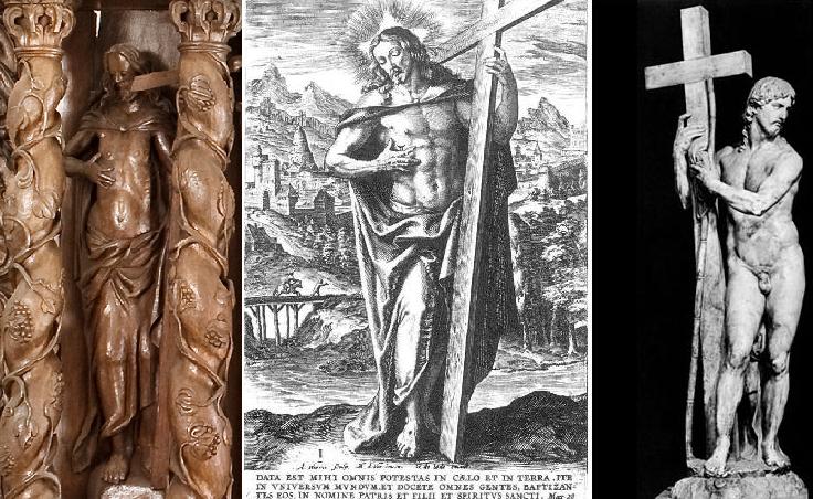 Middelfarts Kristus (o. 1650), Wierix' stik efter De Vos (o. 1580) og Michelangelos skulptur (1521)